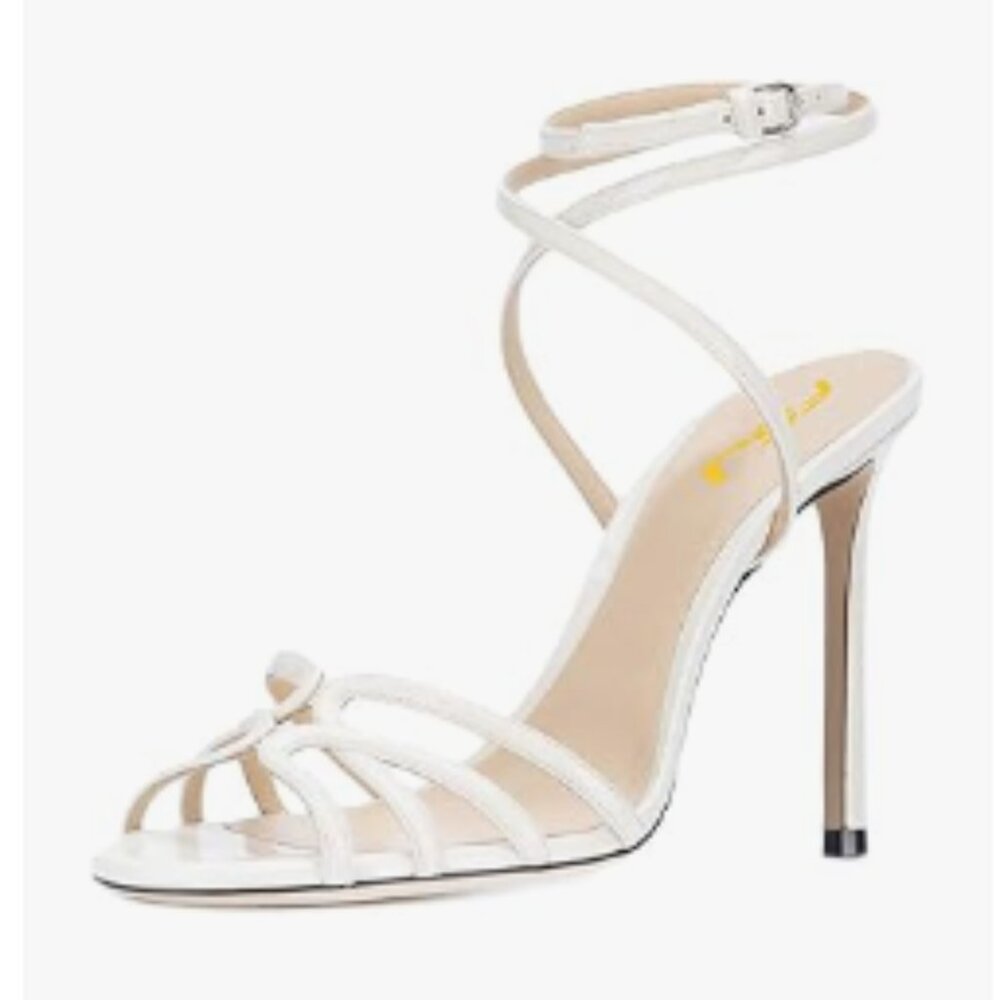 FSJ White Strappy Open Toe Stiletto High Heels Ankle Wrap Dress Cutout Sandals